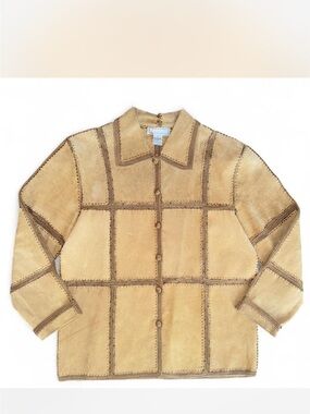 S.M.H Boutique Large 10 12 Patchwork Coat Macrame Buttons trim Tan Leather panel